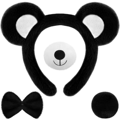 Harrycle Bear Cosplay Set Bear Ears Headband Bowtie Nose Tail for Carnival Costume SuppliesBlack White - Image 1