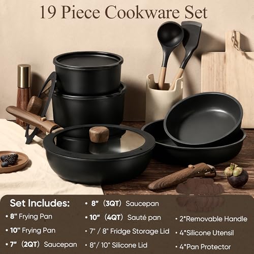 CAROTE 19pcs Pots and Pans Non Stick Cookware Sets Detachable Handle Induction Kitchen Pots and PansNonStick Cooking Set OvenDishwasherFridge Safe Space Saving - Image 3