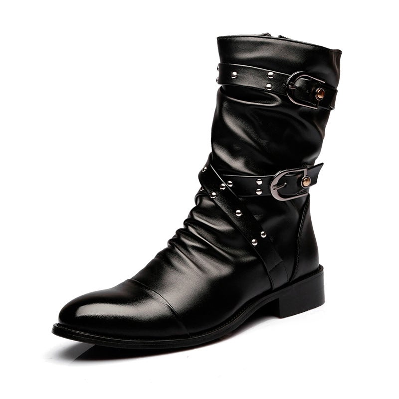 Autumn and Winter British-Style Pointed High-Top Leather Shoes Men's Boots Korean Version Trendy Martin Boots Mid-Calf Fashionable Fleece-Lined Warm Leather Boots - Image 3