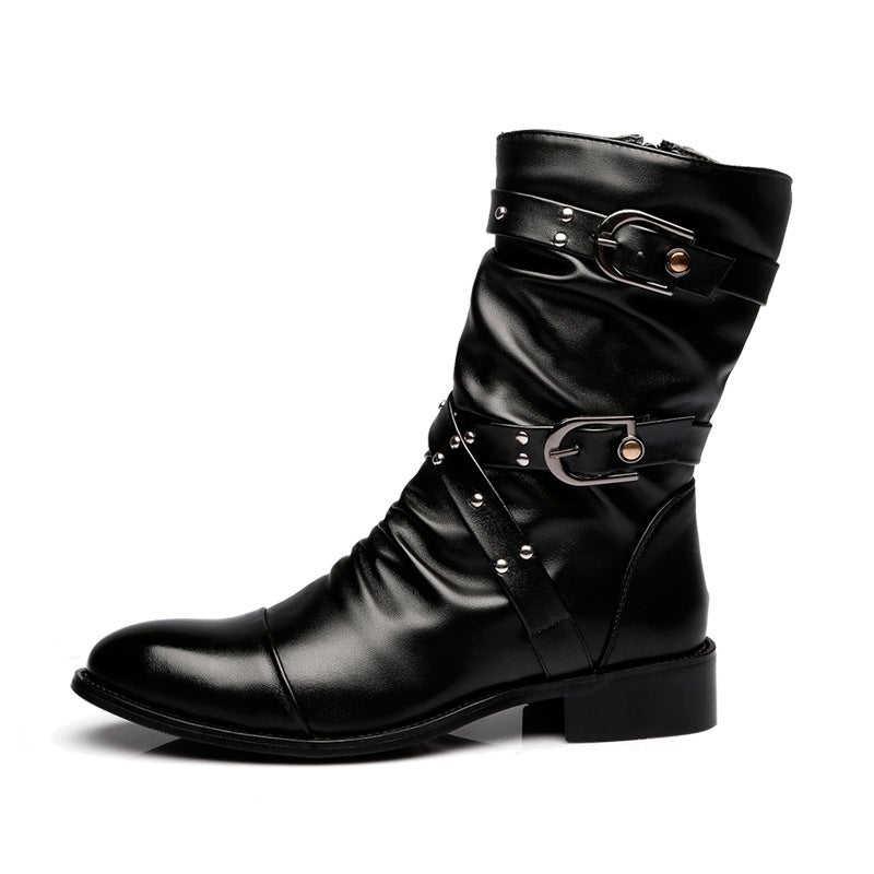 Autumn and Winter British-Style Pointed High-Top Leather Shoes Men's Boots Korean Version Trendy Martin Boots Mid-Calf Fashionable Fleece-Lined Warm Leather Boots - Image 4