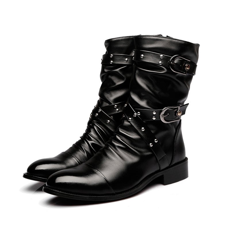 Autumn and Winter British-Style Pointed High-Top Leather Shoes Men's Boots Korean Version Trendy Martin Boots Mid-Calf Fashionable Fleece-Lined Warm Leather Boots - Image 5