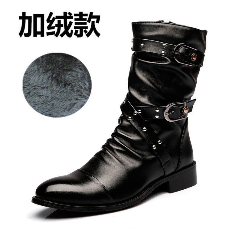 Autumn and Winter British-Style Pointed High-Top Leather Shoes Men's Boots Korean Version Trendy Martin Boots Mid-Calf Fashionable Fleece-Lined Warm Leather Boots - Image 1