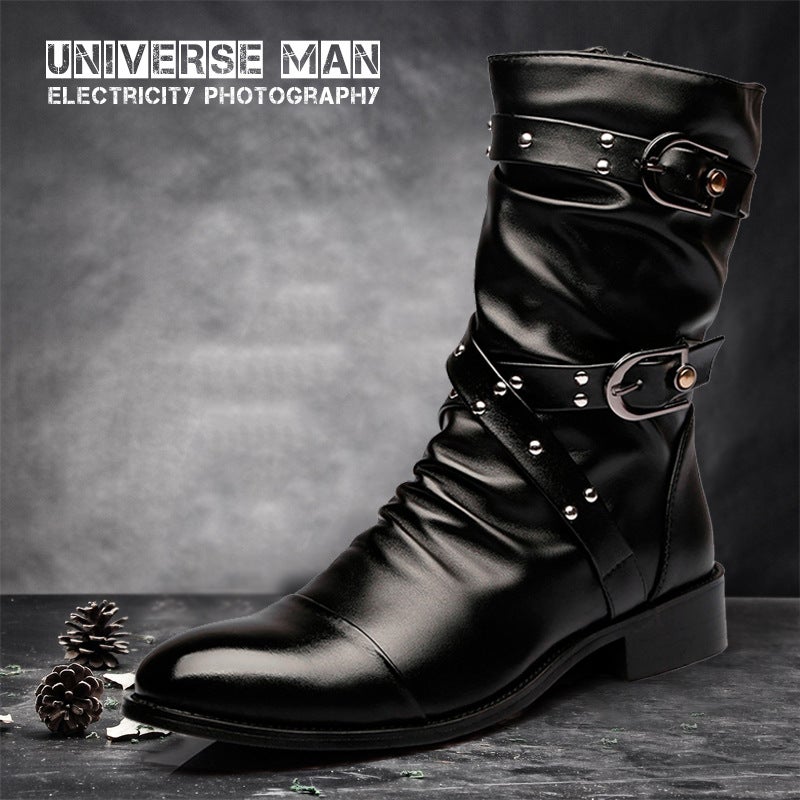Autumn and Winter British-Style Pointed High-Top Leather Shoes Men's Boots Korean Version Trendy Martin Boots Mid-Calf Fashionable Fleece-Lined Warm Leather Boots - Image 2