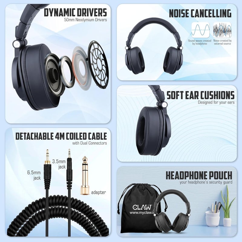 CLAW SM90 Studio Monitoring DJ Headphones, Wired Foldable Over-Ear with 50mm Neodymium Drivers, 4m Coiled Cable, 3.5mm to 6.35mm Adapter & Carrying Pouch – Ideal for Mixing, Recording & Gaming| Black - Image 2