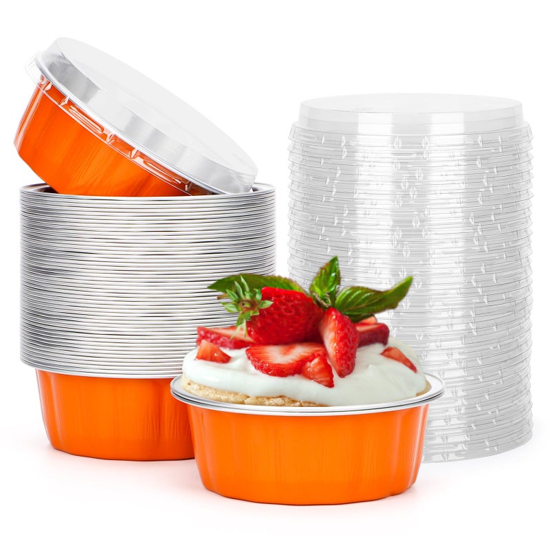 أكواب بيزيا القابلة للاستخدام لمرة واحدة للخبز سعة 8 أونصات عبوة 50 كوب من الألمنيوم مع أغطية أكواب كريمة بروليه مافن كعك صغير أكواب بودينغ صغيرة للحفلات الزفاف أعياد الميلاد برتقالية