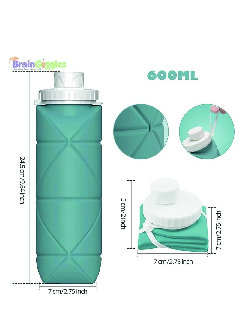 BrainGiggles 600ml Collapsible Water Bottles for Gym Camping Hiking Travel Sports -Green - Image 2