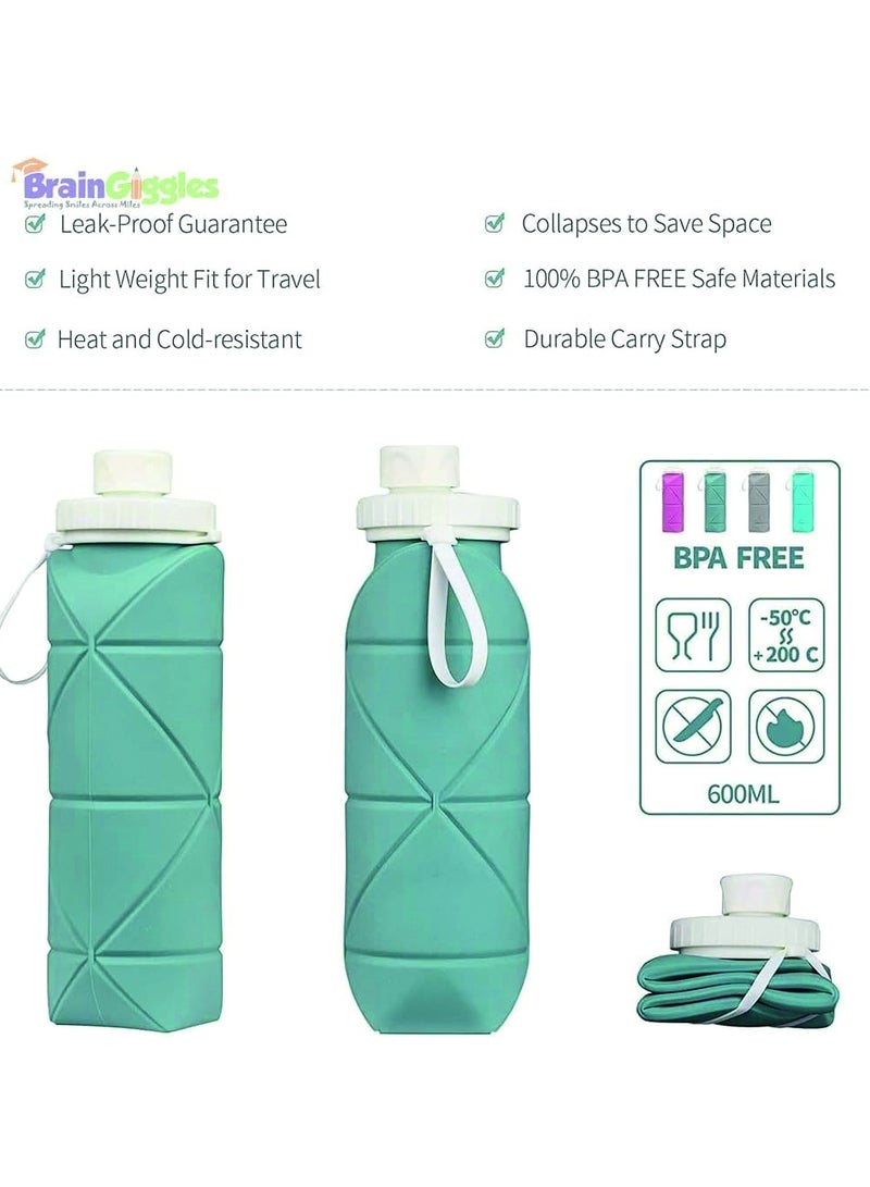 BrainGiggles 600ml Collapsible Water Bottles for Gym Camping Hiking Travel Sports -Green - Image 4