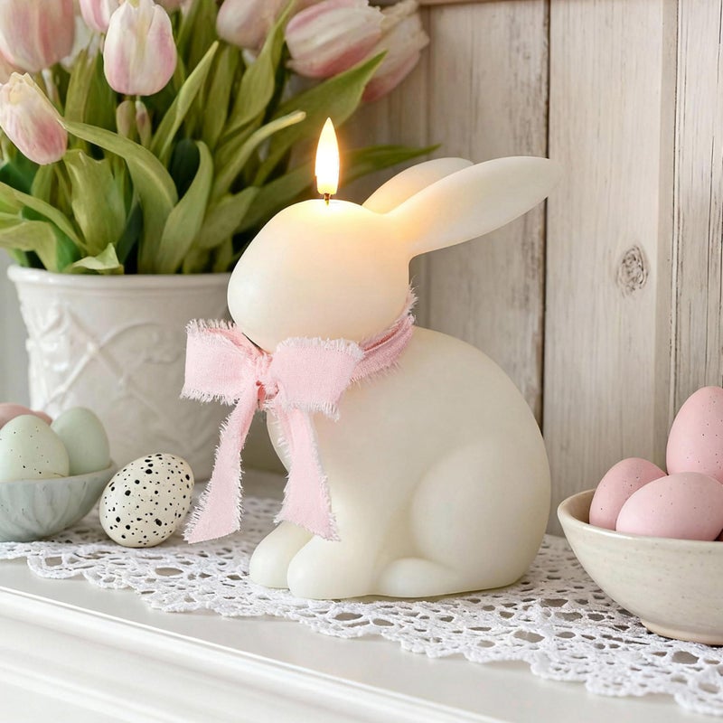 Baquler Easter Bunny Flameless Candle, Easter Real Wax Carved Led, Scented Bunny Shape Flameless Candle Set for Home Living Room Bedroom Party Decoration Centerpiece Table Home Decor (White) - Image 1