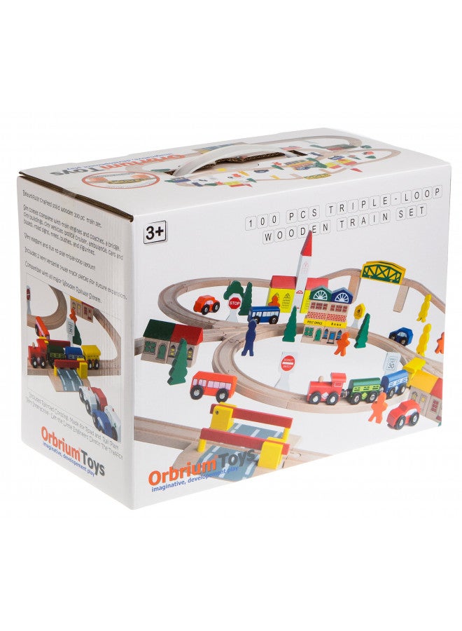 Orbrium Toys 100 Piece Triple Loop Wooden Train Set Track Generic Fits Thomas Brio - Image 4