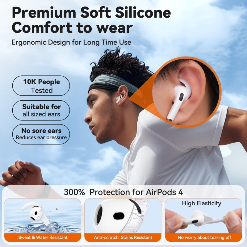 TNSNK for AirPods 4 Ear Tips TNSNK 4 Paris Anti-Slip Sport Ear Hooks Soft Silicone Ear Grips Compatible with Apple AirPods 4 for Men Women with Cleaning Pen Kit and Carabiner (White) - Image 4