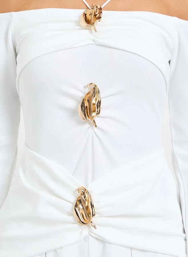 Take Two  White Embellished A-Line Midi Dress with Off-Shoulder Long Sleeves for Women | Best Price UAE