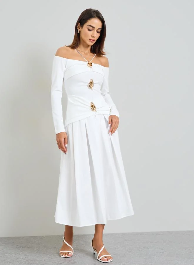 Take Two  White Embellished A-Line Midi Dress with Off-Shoulder Long Sleeves for Women | Best Price UAE