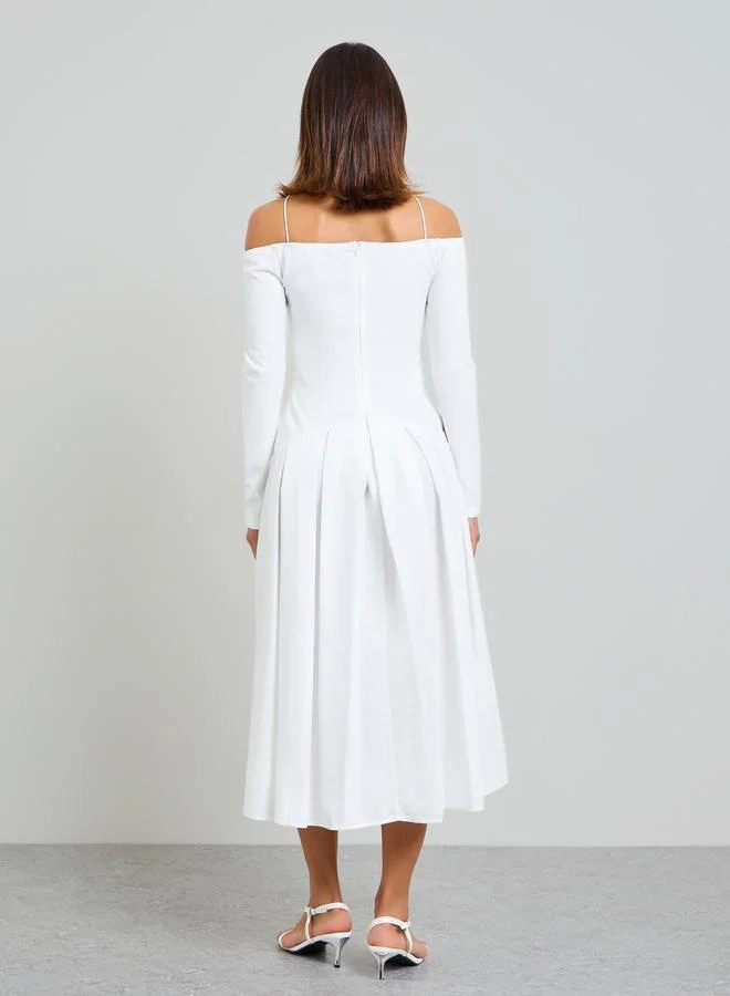 Take Two  White Embellished A-Line Midi Dress with Off-Shoulder Long Sleeves for Women | Best Price UAE