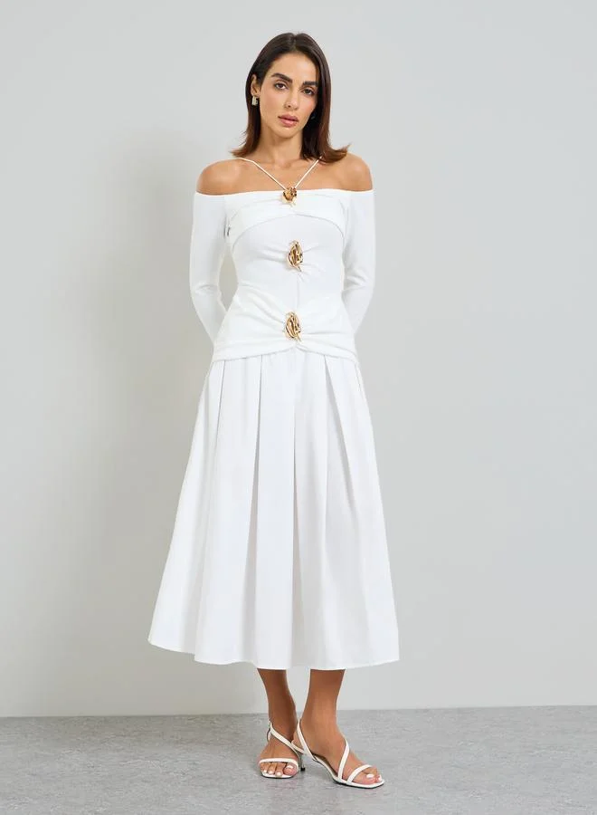 White Embellished A-Line Midi Dress with Off-Shoulder Long Sleeves