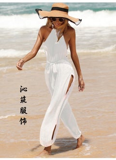 Slimming One-Piece Sun Protection Clothing Sleeveless Beach Cover up Pure Color Fashion Side Slit Womens Swimwear White