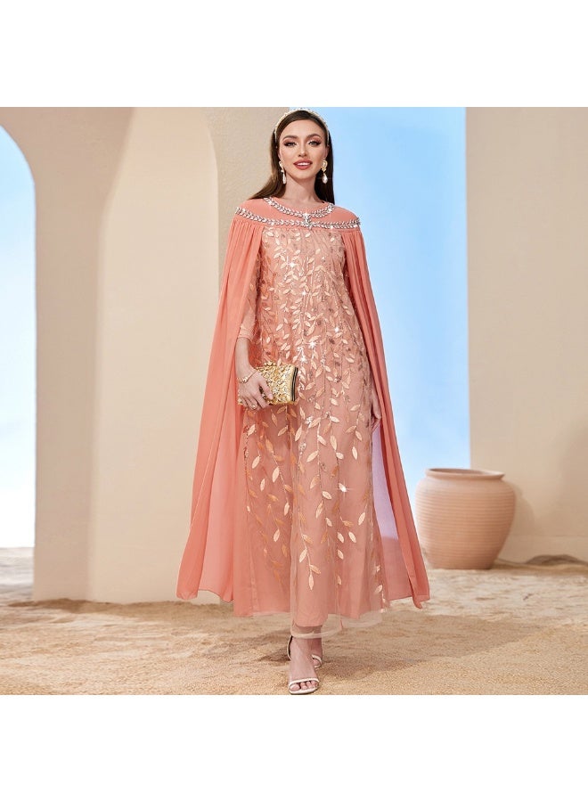 Women Round Neck Cape Abaya Dress Leaf Sequin Embroidery Mesh Maxi Dress With Rhinestone Trim - Image 1