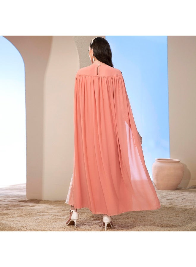 Women Round Neck Cape Abaya Dress Leaf Sequin Embroidery Mesh Maxi Dress With Rhinestone Trim - Image 3