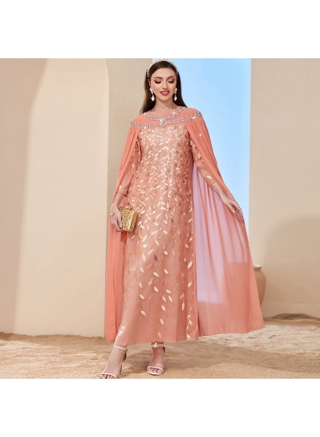 Women Round Neck Cape Abaya Dress Leaf Sequin Embroidery Mesh Maxi Dress With Rhinestone Trim - Image 2