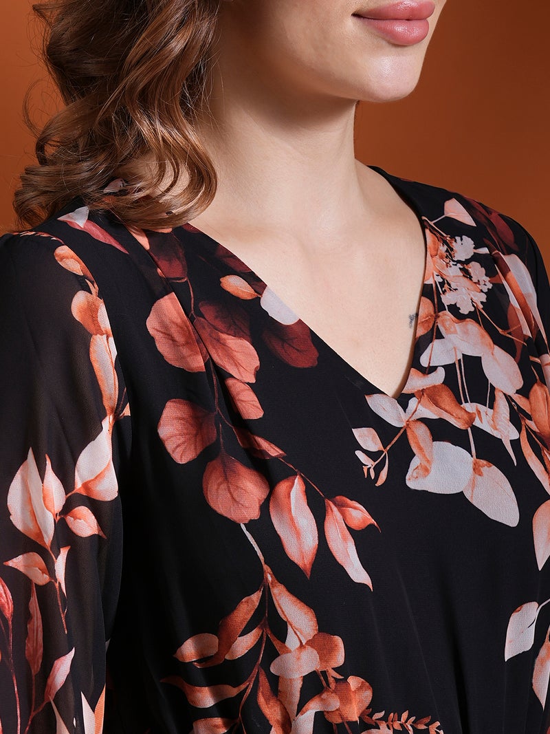 globus Globus Women Floral Printed Layered Georgette Fit & Flare Dress With Belt  - Image 4