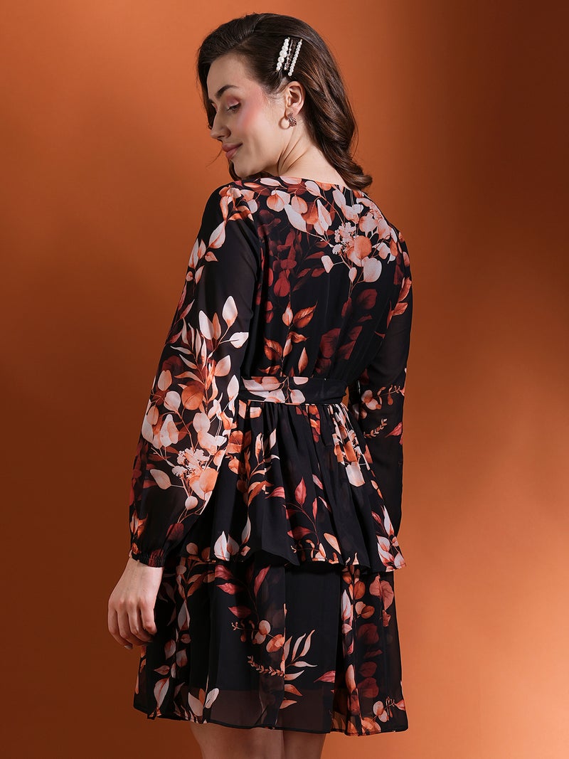 globus Globus Women Floral Printed Layered Georgette Fit & Flare Dress With Belt  - Image 3