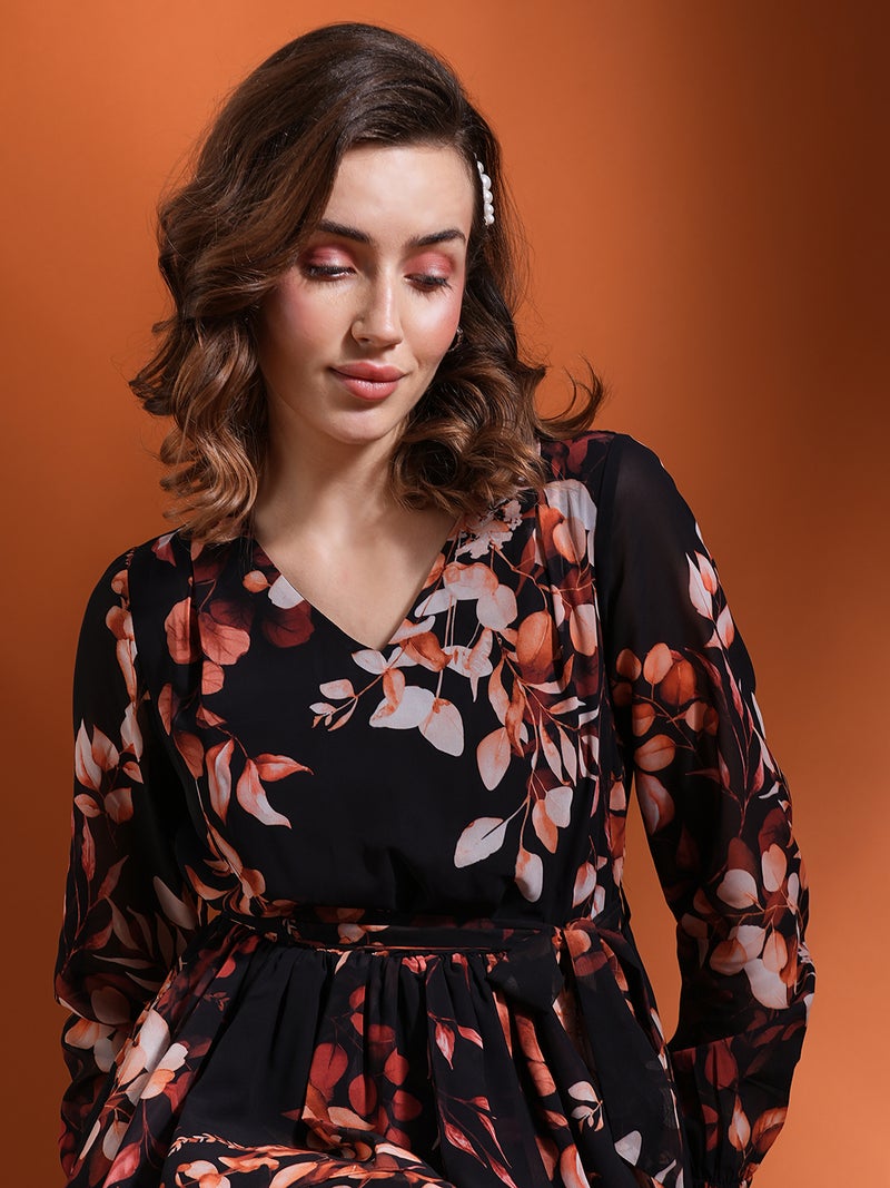 globus Globus Women Floral Printed Layered Georgette Fit & Flare Dress With Belt  - Image 5