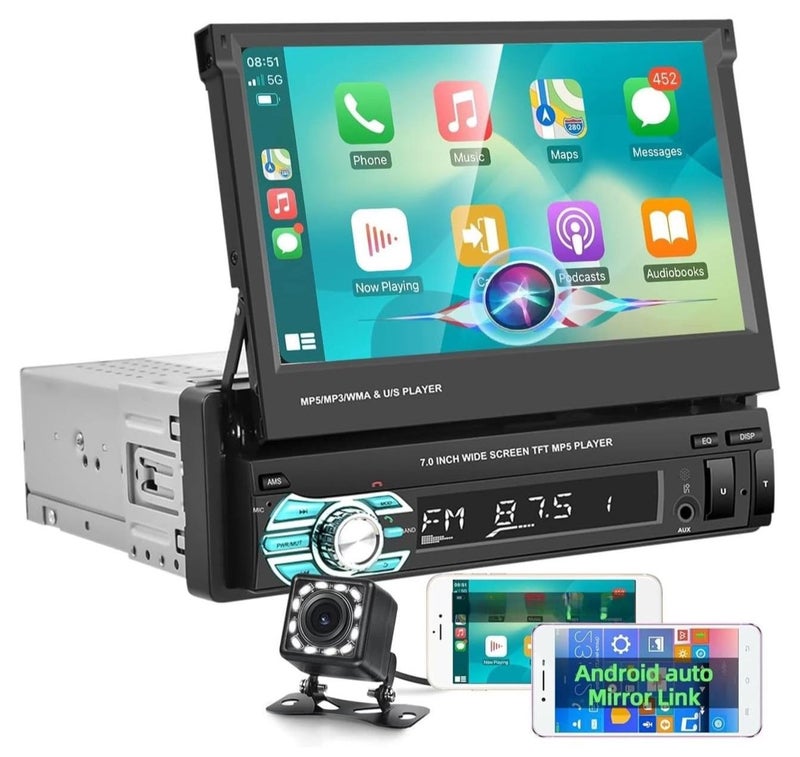SHEZA STAR راديو سيارة بشاشة تعمل باللمس بحجم 7 بوصات مع Carplay، راديو بلوتوث FM، TF/USB/AUX، رابط مرآة، Android Auto، مشغل MP5 + كاميرا خلفية - Image 1