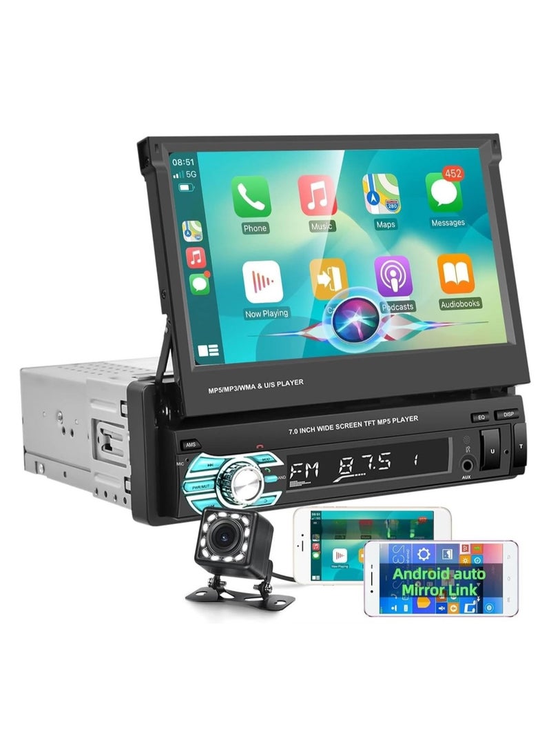 SHEZA STAR - Single Din Touch Screen Car Stereo with Carplay, 7 Inch Flip Out Bluetooth Car Radio FM Radio TF/USB/AUX Mirror Link Android Auto Car MP5 Player + Backup Camera - Image 1