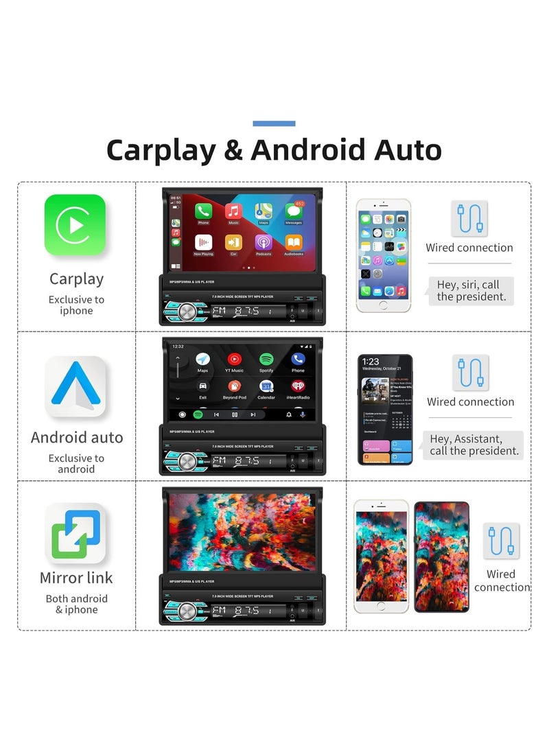 SHEZA STAR - Single Din Touch Screen Car Stereo with Carplay, 7 Inch Flip Out Bluetooth Car Radio FM Radio TF/USB/AUX Mirror Link Android Auto Car MP5 Player + Backup Camera - Image 1