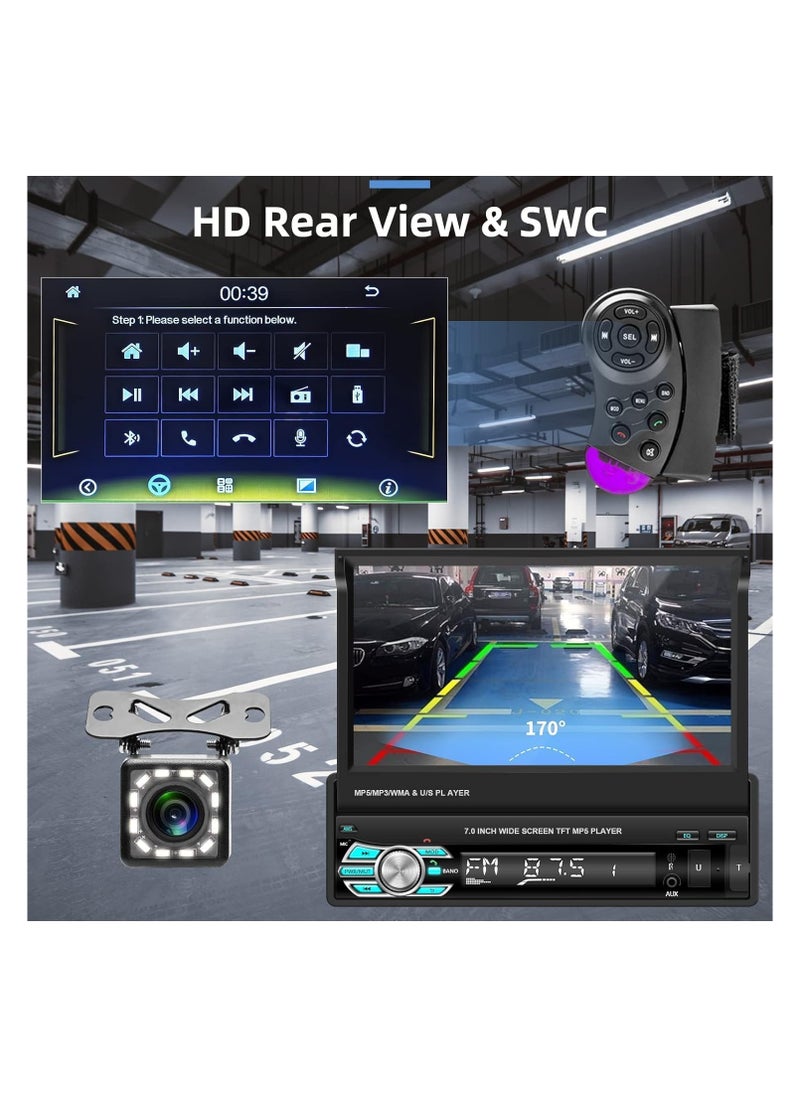 SHEZA STAR - Single Din Touch Screen Car Stereo with Carplay, 7 Inch Flip Out Bluetooth Car Radio FM Radio TF/USB/AUX Mirror Link Android Auto Car MP5 Player + Backup Camera - Image 1