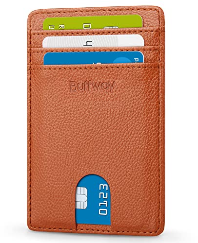 Buffway Mens Slim Wallet, Minimalist Thin Front Pocket Leather Credit Card Holder with RFID Blocking for Work Travel - Chicago Light Brown - Image 1