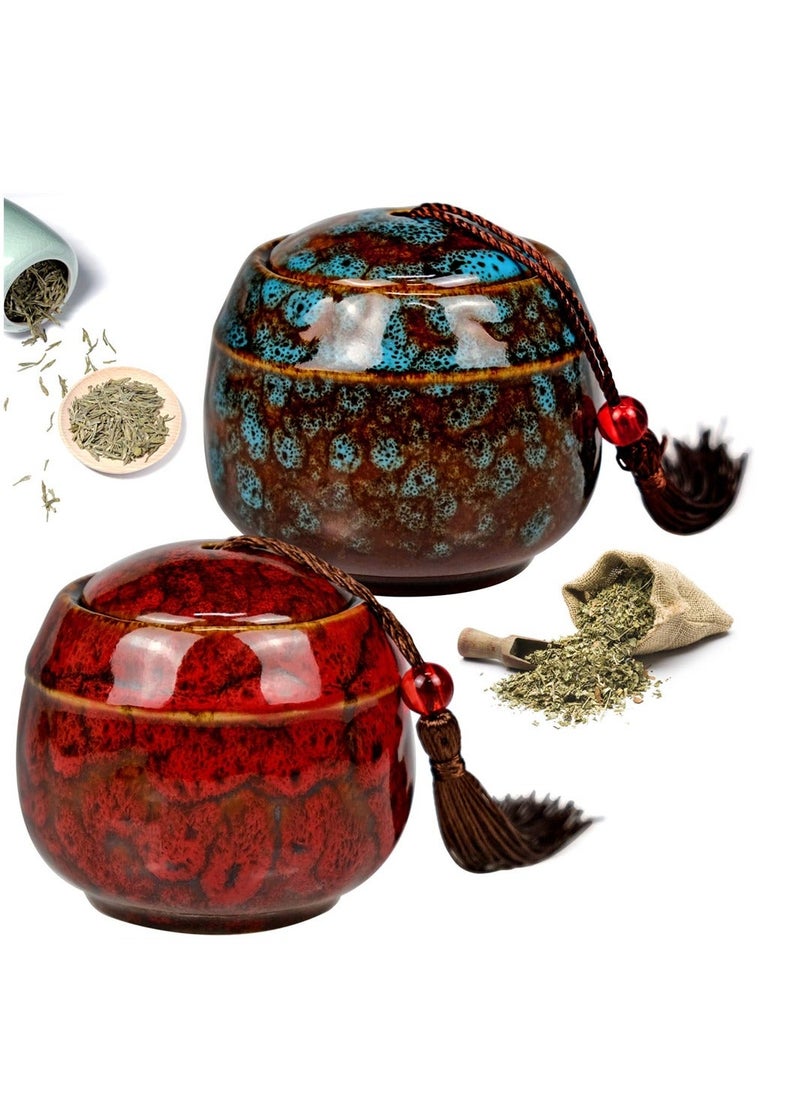 Y&D Ceramic Tea Jar Vintage Chinese Style Storage Jars, 2 Pieces Leaves Sealing Can with Tassel, Traditional Caddy for Kitchen Coffee Spices Sugar Condiment, 70ML  - Image 1