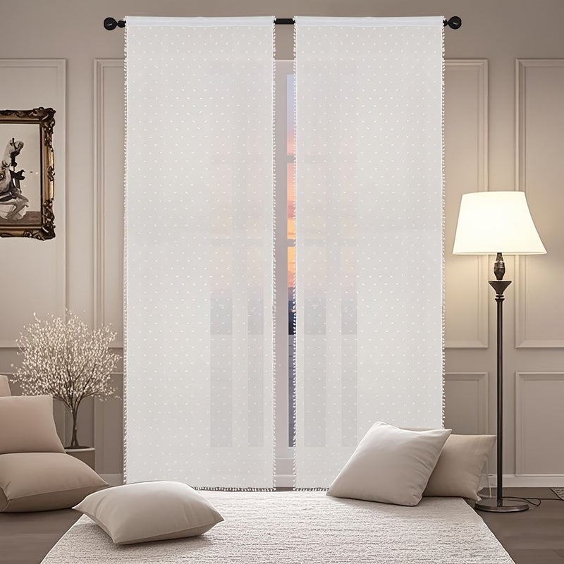 White Sheer Curtain with Polka Dot Pom Pom Lace Rod Pocket 52x72 Inches - Image 2