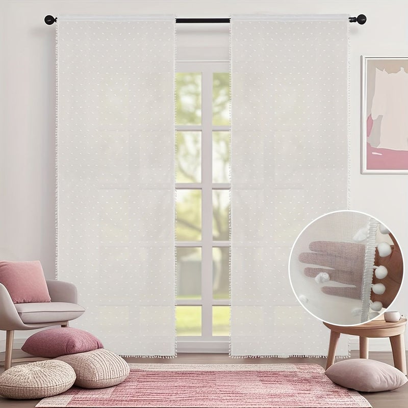 White Sheer Curtain with Polka Dot Pom Pom Lace Rod Pocket 52x72 Inches - Image 1