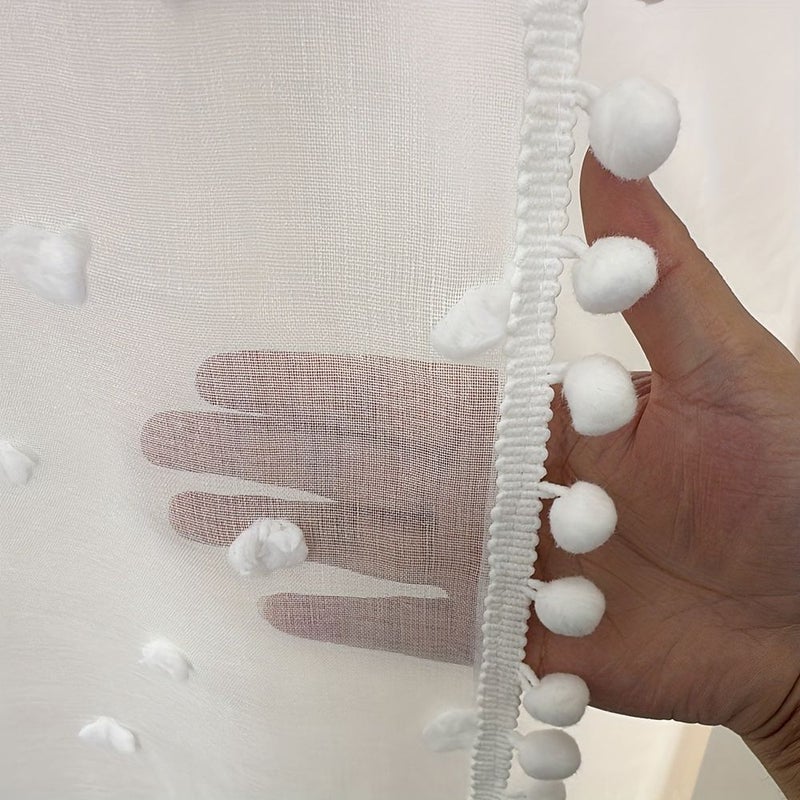 White Sheer Curtain with Polka Dot Pom Pom Lace Rod Pocket 52x72 Inches - Image 5