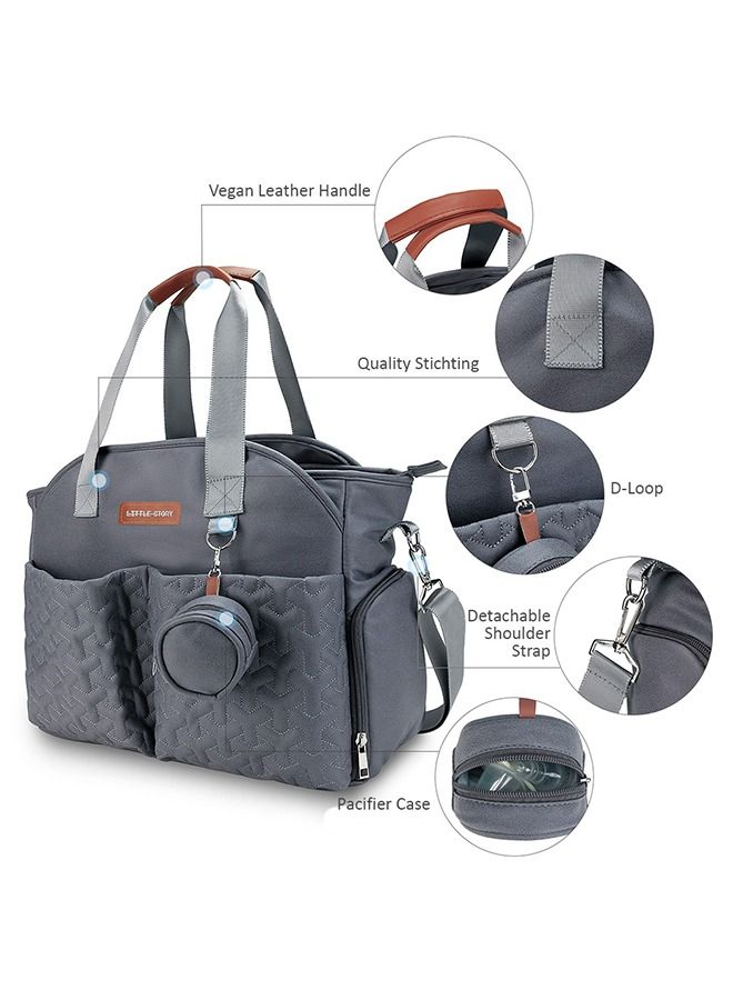 Quilted Diaper Bag With Pacifier Pouch-Dark Grey 