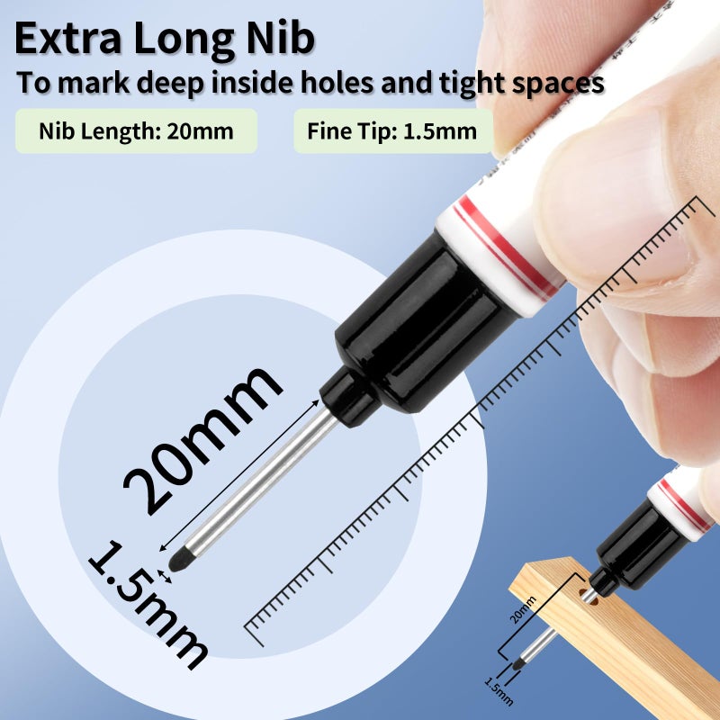 Mkobon 15 Pcs Long Nib Marker, 20 mm Long Head Deep Hole Marker Pens, Fine Nose Tip Deep Reach Permanent Paint Markers for Metal, Marking Pen for Drilling, Carpenter, Woodworking, Construction (Black) - Image 2