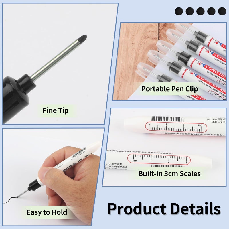 Mkobon 15 Pcs Long Nib Marker, 20 mm Long Head Deep Hole Marker Pens, Fine Nose Tip Deep Reach Permanent Paint Markers for Metal, Marking Pen for Drilling, Carpenter, Woodworking, Construction (Black) - Image 4