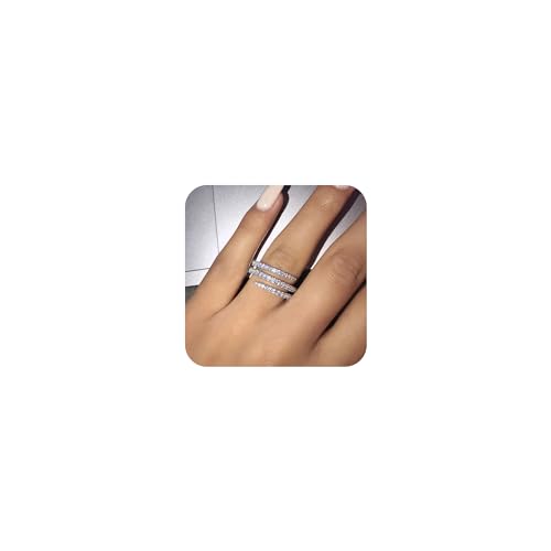 RKKOJJO 925 Sterling Silver Shiny Full Diamond Ring Three Rows Cubic Zirconia Cocktail Rings CZ Diamond Multi Row Ring Eternity Engagement Wedding Band Ring for Women Size 7 - Image 1