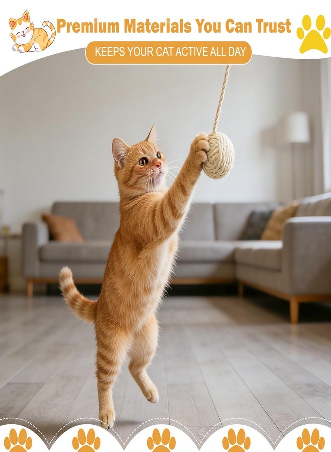 Dojomadf Cat Toy Ball with Sisal Rope Wrapping - 3 Pack Sisal Cat Toy Ball with Rope & Quiet Bell, 1.77" Natural Interactive Cat Scratching Ball for Indoor Cats (Beige, Yellow, Striped) - Image 2