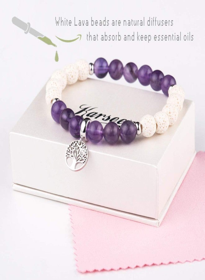 Karseer Tree of Life Charms Gemstone Beaded Bracelet Natural Crystal Amethyst White Lava Rock Essential Oil Diffuser Aromatherapy Bracelet for Women - Image 2
