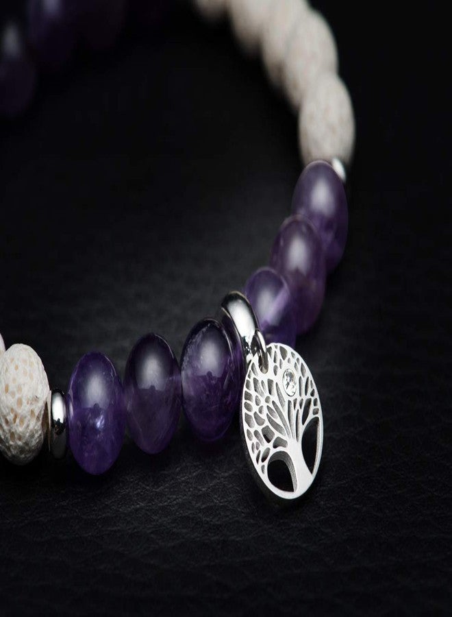 Karseer Tree of Life Charms Gemstone Beaded Bracelet Natural Crystal Amethyst White Lava Rock Essential Oil Diffuser Aromatherapy Bracelet for Women - Image 4