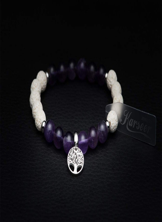 Karseer Tree of Life Charms Gemstone Beaded Bracelet Natural Crystal Amethyst White Lava Rock Essential Oil Diffuser Aromatherapy Bracelet for Women - Image 3
