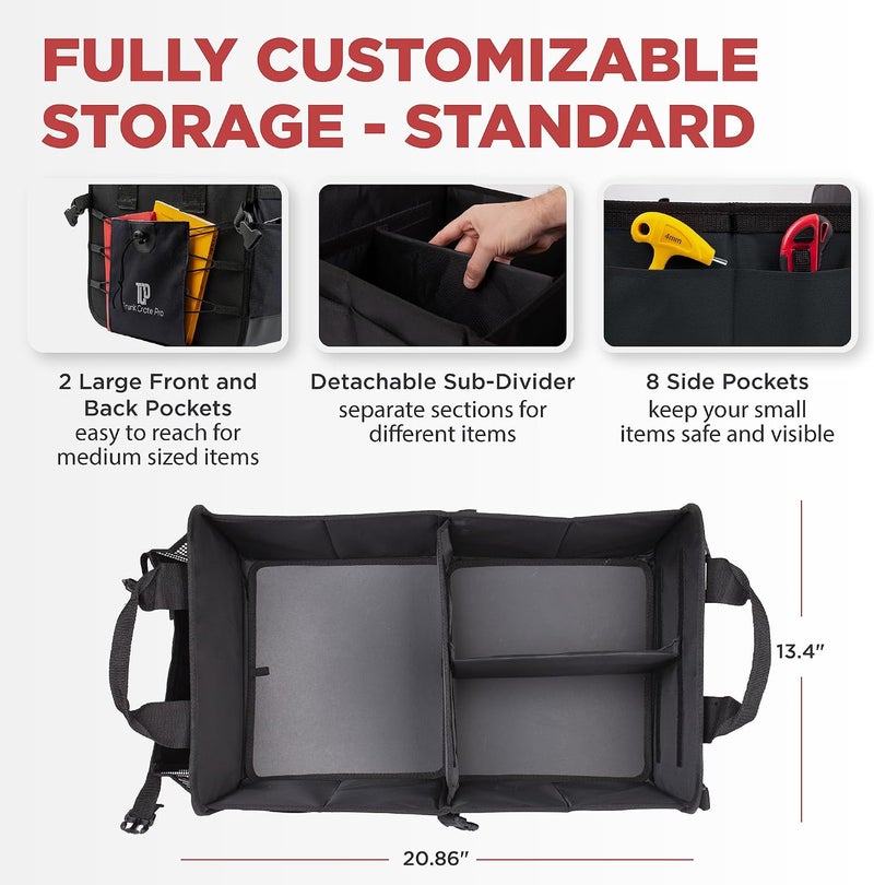 TRUNKCRATEPRO Car Organizers and Storage Premium Adjustable Multi Compartments Car Storage Organizer | Portable and Foldable SUV Trunk Organizer for Car (Standard Size, 20.86"L x 13.4"W x 10"H )-Black - Image 2