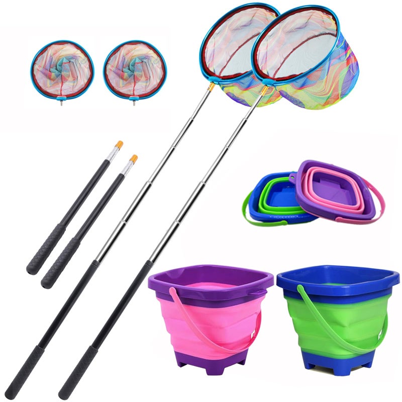 Autokcan 2PCS Fishing Net with Bucket, Telescopic Fishing Landing Net, Collapsible Kids Sand Bucket, Kids Fish Butterfly Catching for Freshwater Saltwater Outdoor Activities - Image 1