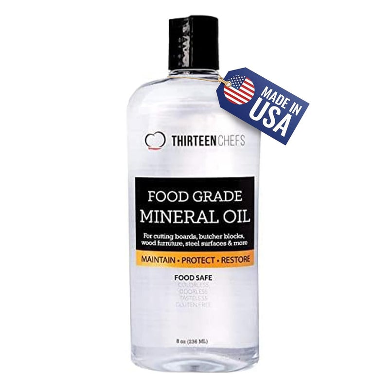 Thirteen Chefs Mineral Oil 8 oz Food Grade Conditioner for Wood Cutting Board Countertop Butcher Block Lubricant for  or Meat Grinder Safe USP Finish on Marble Soapstone