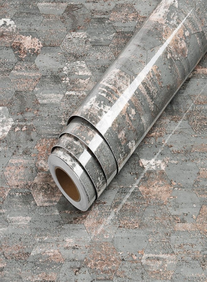 LACHEERY Gray Concrete Wallpaper Peel and Stick Removable Contact Paper for Walls Rose Gold Grey Hexagon Geometric Peel and Stick Wallpaper for Bedroom Bathroom Wall Cabinets Self Adhesive 15.8"x80" - Image 1