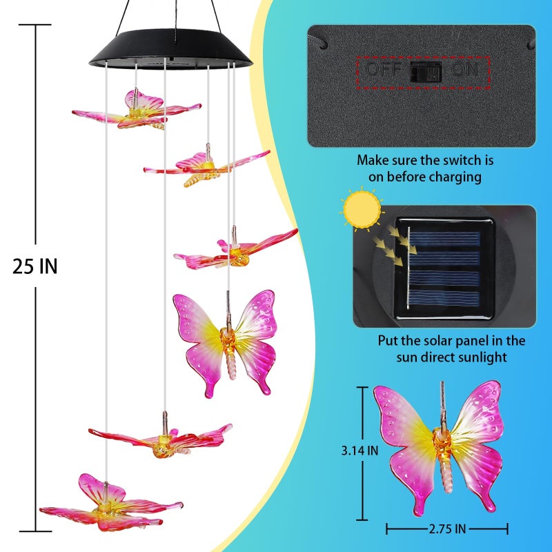MorTime 25" LED Solar Wind Chime, Color Changing Solar Butterfly Wind Chimes Mobile Hanging Wind Chime for OutsideHome Garden Decoration - Image 2