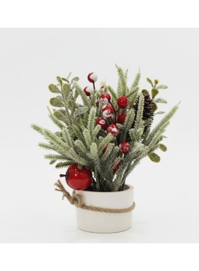 AKDC 21cm Elegant Snowy Christmas Tree with Red Berries | Mini Tabletop Holiday Centerpiece - Image 1