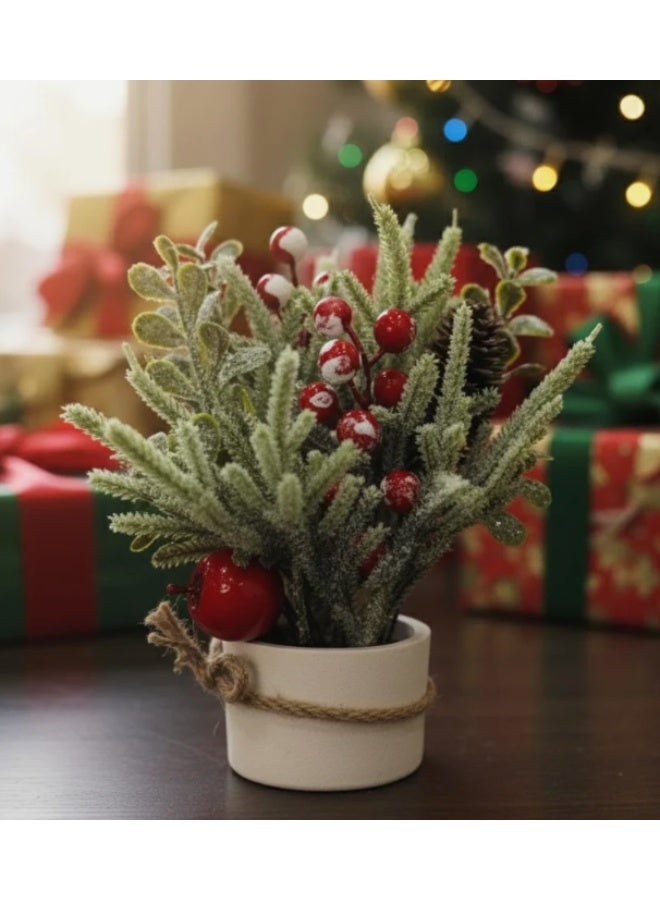 AKDC 21cm Elegant Snowy Christmas Tree with Red Berries | Mini Tabletop Holiday Centerpiece - Image 2