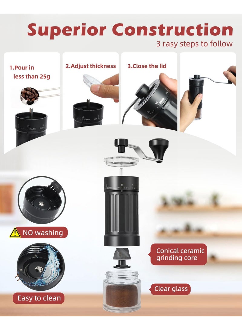 DOSCHER Manual Coffee Grinder, Adjustable Ceramic Burr Coffee Grinder Manual External with 40 Precise Grind Settings, 30g Ground Coffee with Visible Coffee Bean Container,Double Bearing Positioning - Image 5
